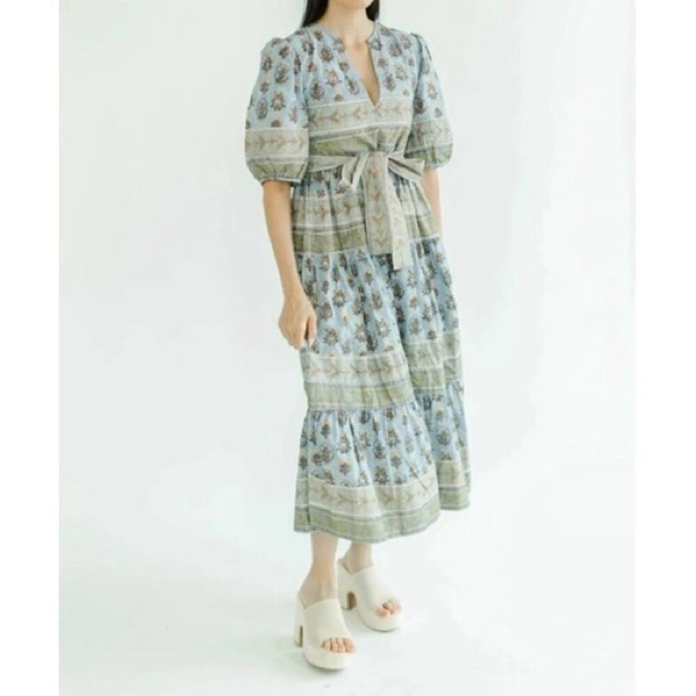 Victoria Dunn 100% cotton made in india midi dress blue green gold floral sz Xs
